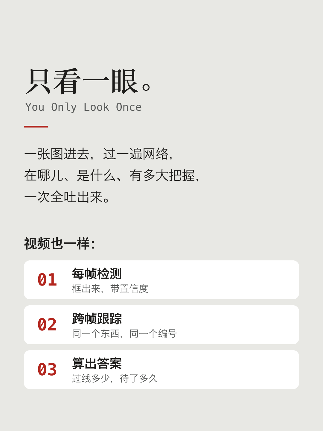 文字卡片：只看一眼。一张图进去，过一遍网络，在哪儿、是什么、有多大把握，一次全吐出来。下面是三个步骤：每帧检测、跨帧跟踪、算出答案：过线多少，待了多久。