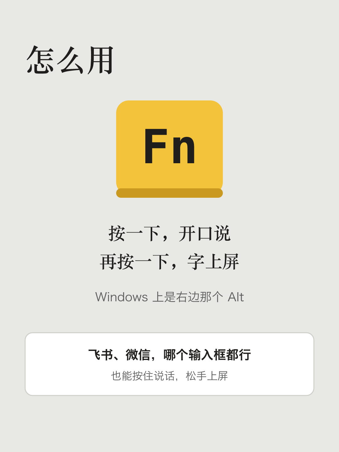 文字卡片“怎么用”：一个黄色的 Fn 键帽，下面写着：按一下，开口说；再按一下，字上屏。Windows 上是右边那个 Alt。飞书、微信，哪个输入框都行，也能按住说话，松手上屏。